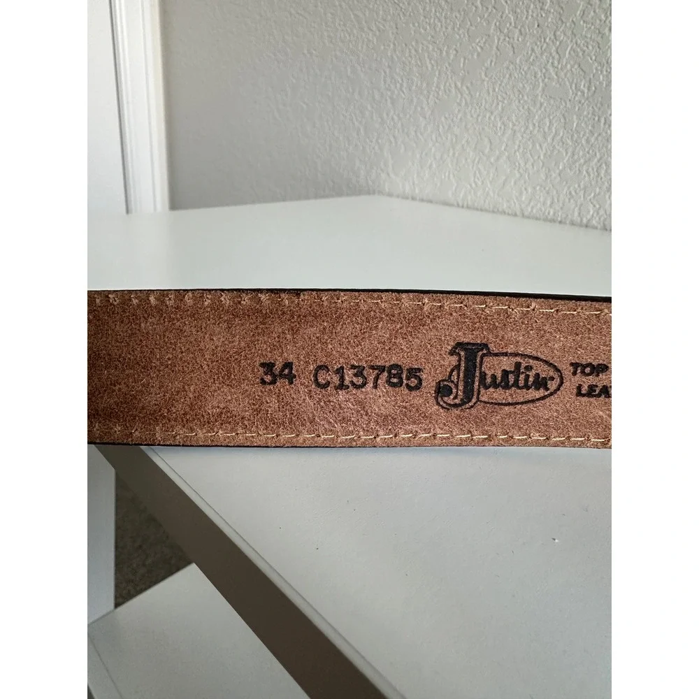 Justin Mens Brown Tooled Leather Western Belt Size 34 Made in USA C13785 NEW